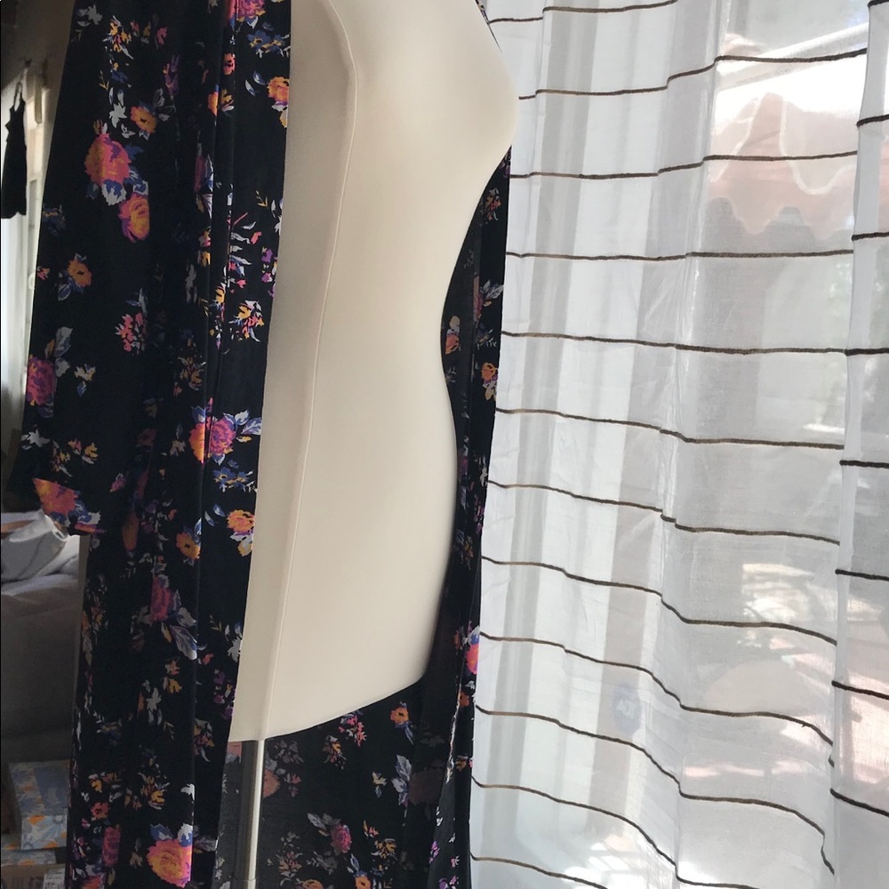 Black Floral Print Duster Kimono 3/4 Sleeve